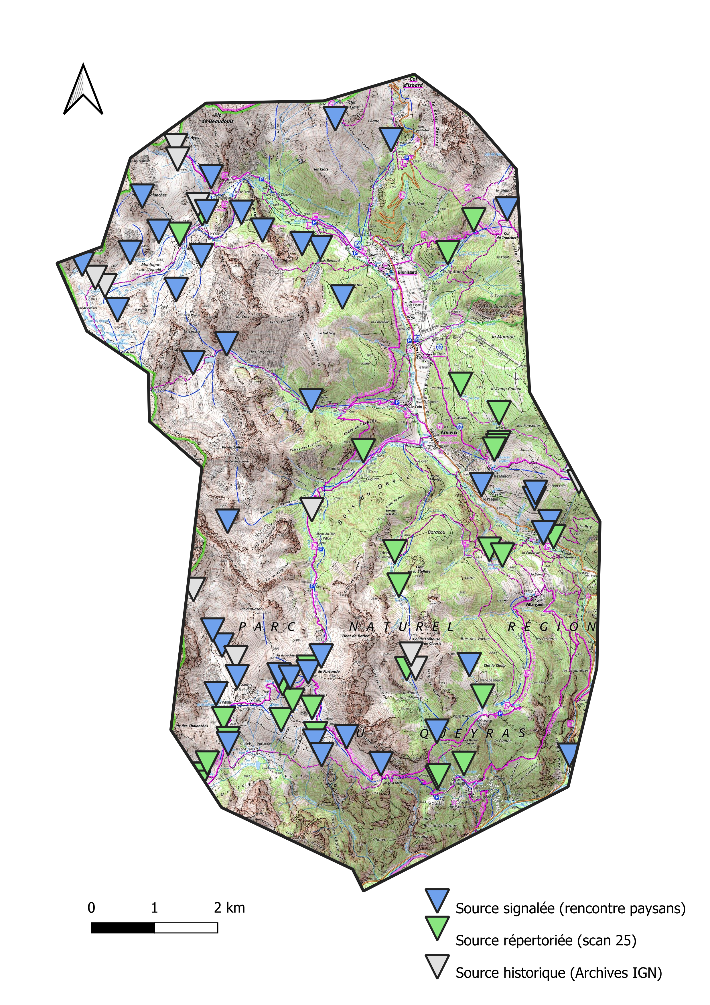 Carte des sources présentes sur l'IGN et complétée des sources avec des données locales et historiques